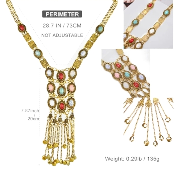 Gold Turquoise Boho Statement Ethnic Tribal Long Necklace Bohemian Stone Gem - Picture 4 of 9